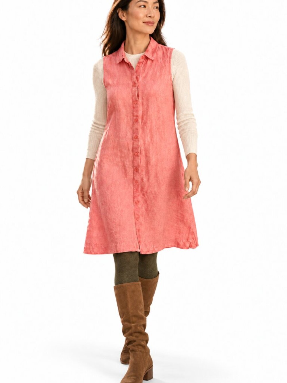Garnet Hill Coral Pink 100% Linen Sleeveless Button Front Shirtdress Size 4